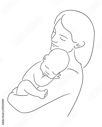 Vector illustration of mother and newborn baby. Hand drawn sketch of mom holds sleeping infant