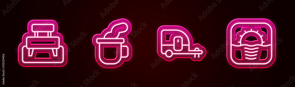 Set line Bench, Cup of tea, Rv Camping trailer and Sunrise. Glowing neon icon. Vector Set line Bench, Cup of tea, Rv Camping trailer and Sunrise. Glowing neon icon. Vector