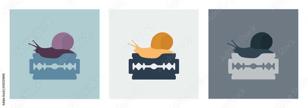 Snail while climbing over a razor blade. Metaphor of uncertain, precarious, dangerous, unstable and difficult. Vector illustration