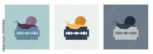 Snail while climbing over a razor blade. Metaphor of uncertain, precarious, dangerous, unstable and difficult. Vector illustration