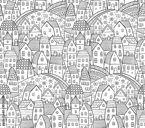 Childish town street landscape with houses on road. Cute city in scandinavian...