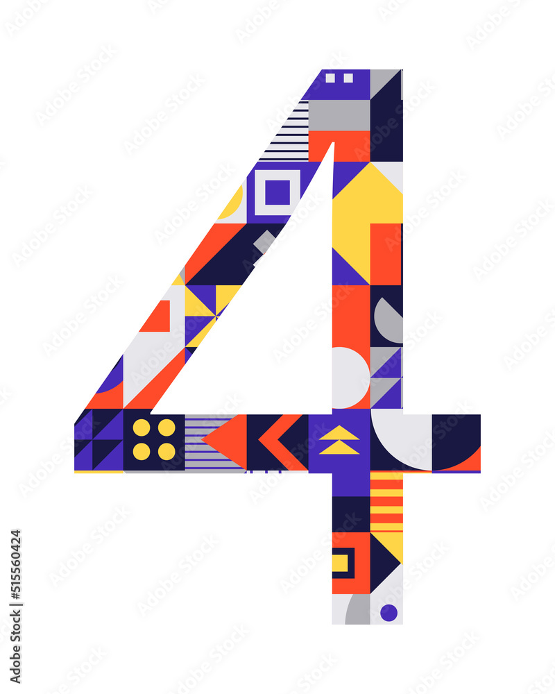 Number 4 from multicolored geometric shapes isolated on white. Neo geo Number 4 from multicolored geometric shapes isolated on white. Neo geo