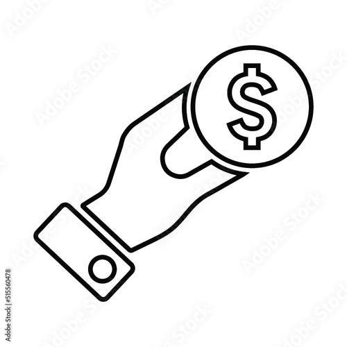 Give dollar, hand money outline icon. Line art vector.