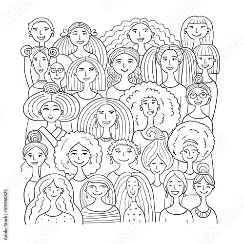 Women community. Big female family. Group of pretty girls. Team of girls. Art...