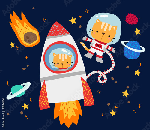 a vector of cute cats in space with planets and meteor