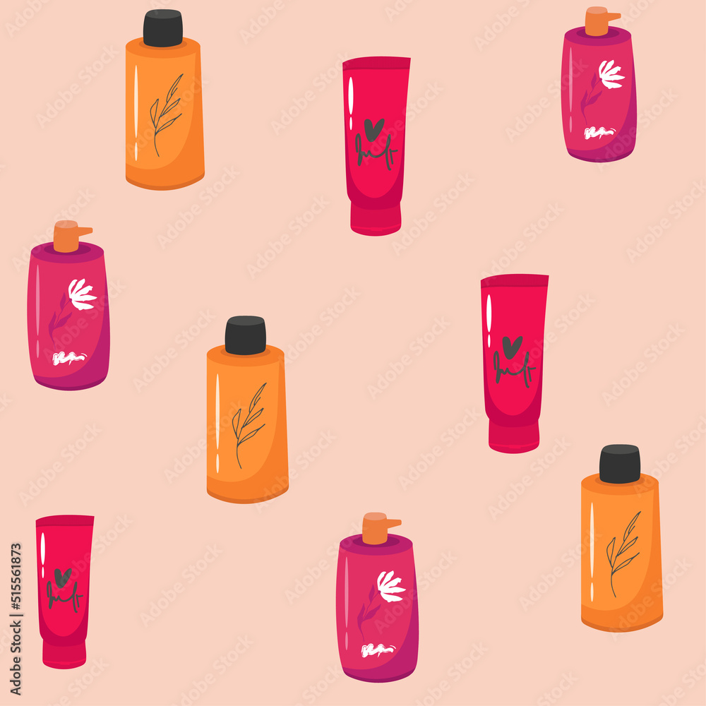 Flat seamless pattern cartoon of cream tubes with hand cream, , cosmetic bottles, cosmetic Flat seamless pattern cartoon of cream tubes with hand cream, , cosmetic bottles, cosmetic