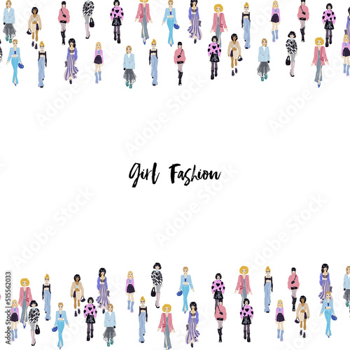 Women in trendy clothes. Fashion vector border.