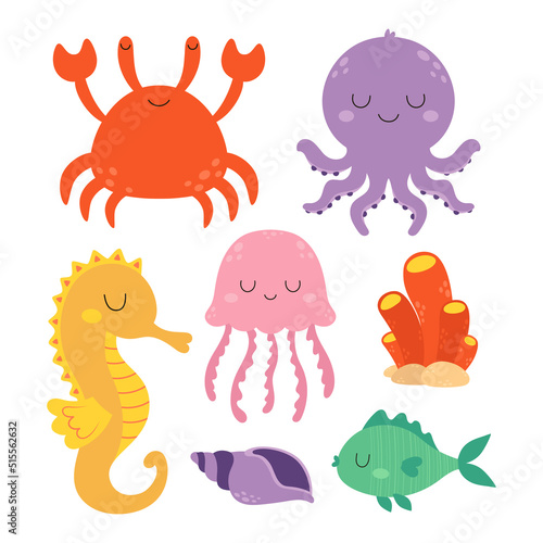 cartoon set with sea animals, vector illustration