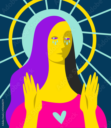 Simple vector illustration of a crying lilac-haired woman with a blue sun as a halo and a golden nimbus around her head. Praying, forgiving, and loving saint.