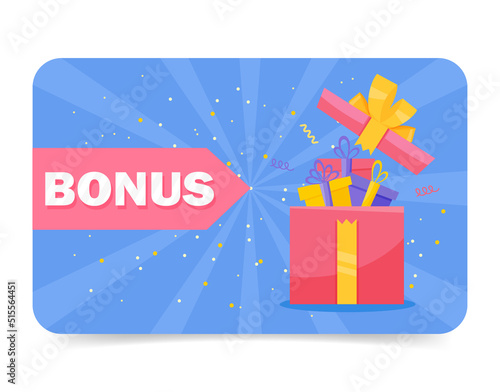 Bonus card template vector illustration. Loyalty card with prezent box and surprize inside. Shopping gift certificate for customers on a white background.
