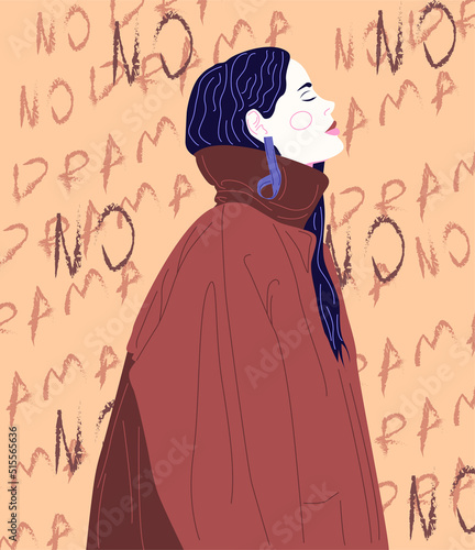 No more drama with confident girl. Beautiful young woman. Trendy clothes. Flat Vector Illustration