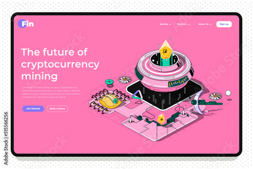 Cryptocurrency concept 3d isometric outline landing page. Blockchain technology, mining bitcoins and crypto money on abstract mining farm. Vector web illustration with abstract line composition.
