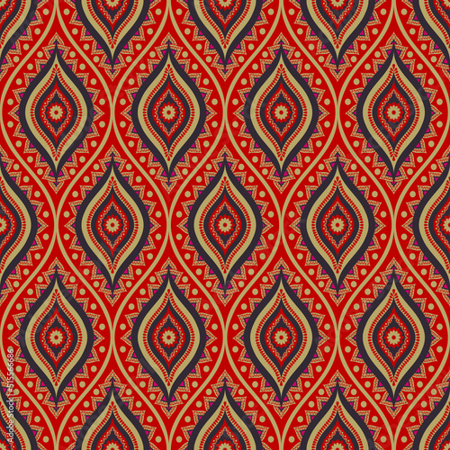 Vector ethnic flower in ogee shape red-gold color seamless background. Embroidery oriental surface pattern design. Use for fabric, textile, interior decoration elements, upholstery, wrapping.