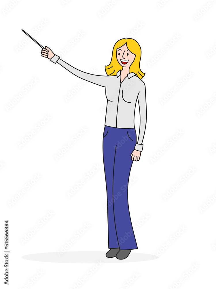 Teacher woman in a suit standing in full growth with a pointer in her hand, vector isolated cartoon illustration. Teacher woman in a suit standing in full growth with a pointer in her hand, vector isolated cartoon illustration.