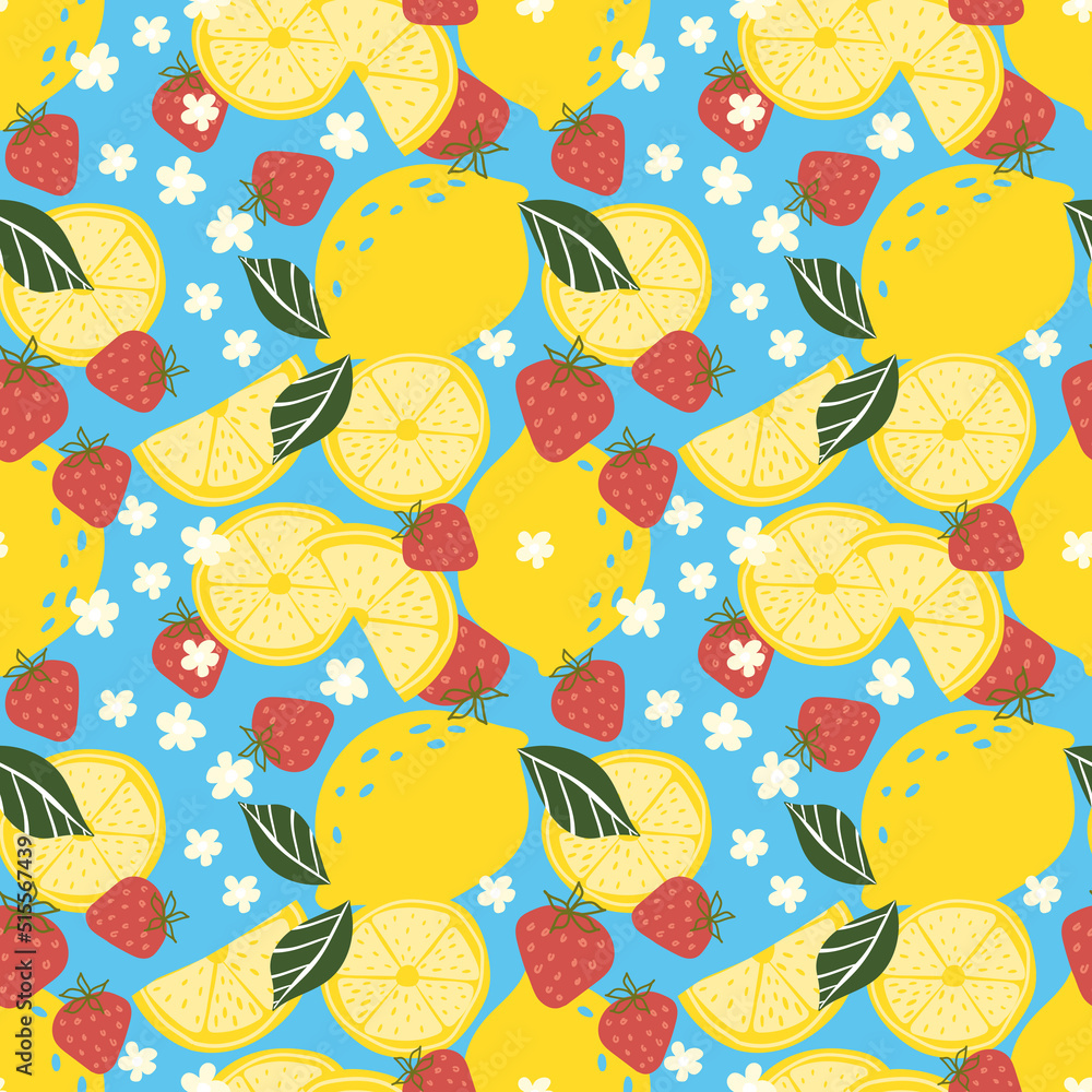 Flat lemon seamless pattern, tropical seamless design, Exotic fruit background, Juicy yellow repeat ornament, Citrus wallpaper, Kitchanware fabric, Wrapping paper design