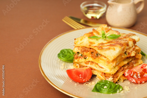 Concept of delicious food - Lasagna, space for text