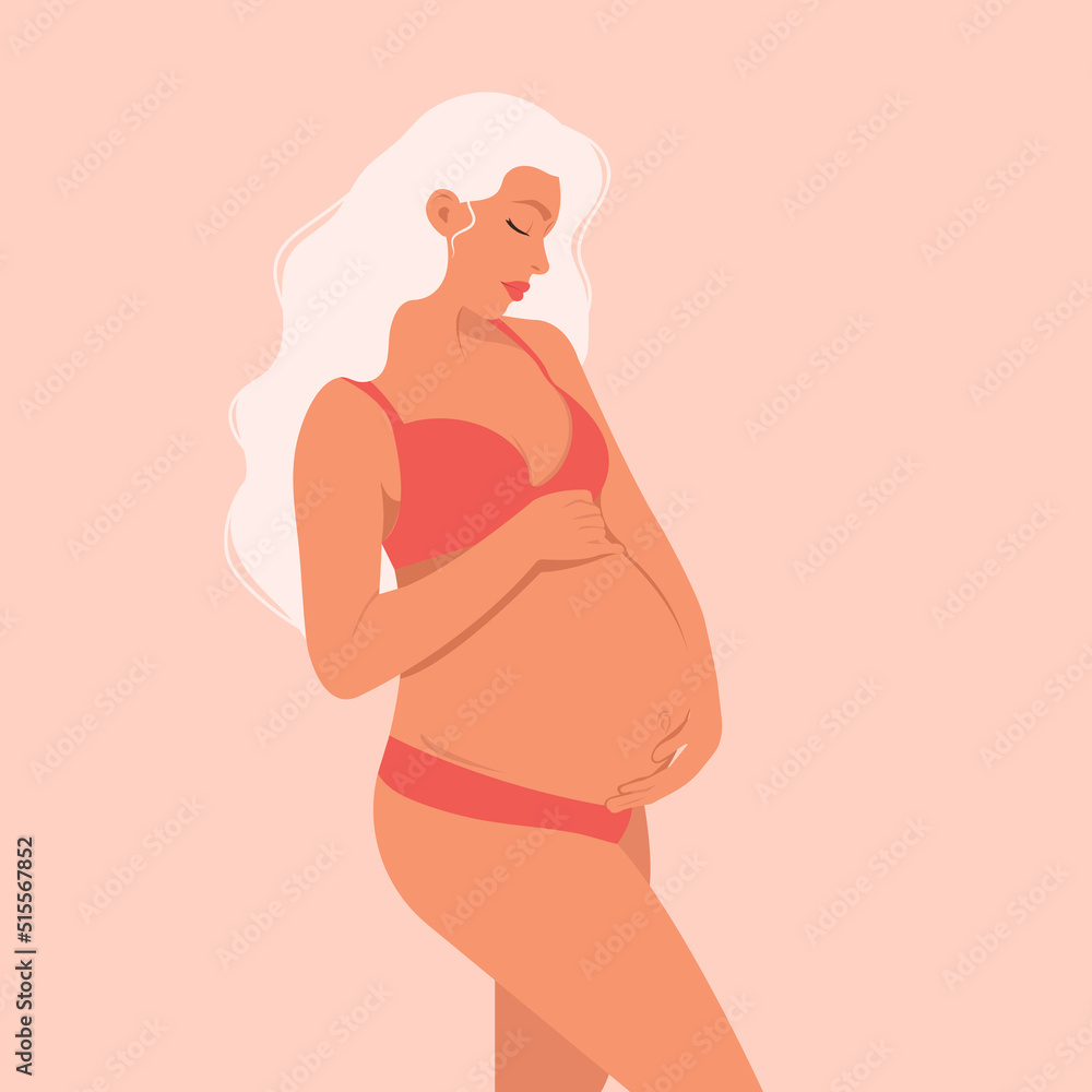 Pregnant woman with white blonde hair, future mother, hugging her belly with her arms in natural fashionable pastel colours. Flat vector illustration. Pregnant woman with white blonde hair, future mother, hugging her belly with her arms in natural fashionable pastel colours. Flat vector illustration.