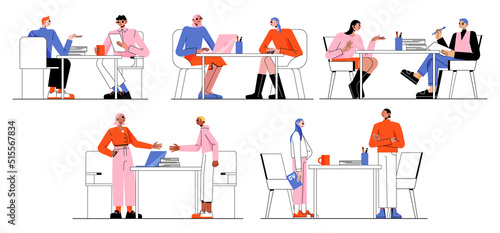 People candidates on job interview, get work offer and rejection. Vector flat illustration of hiring company workers, staff recruitment with hr managers talk with persons in office