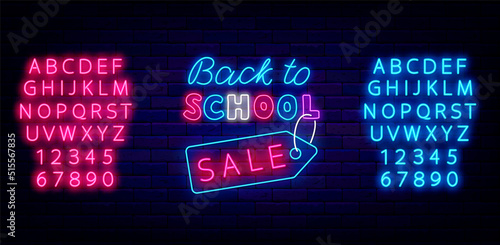 Back to school sale neon signboard. School fair. Shiny blue and pink alphabet. Vector stock illustration