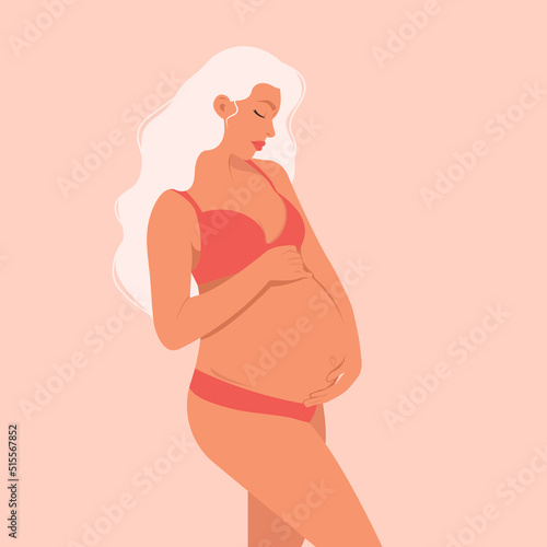 Pregnant woman with white blonde hair, future mother, hugging her belly with her arms in natural fashionable pastel colours.  Flat vector illustration.
