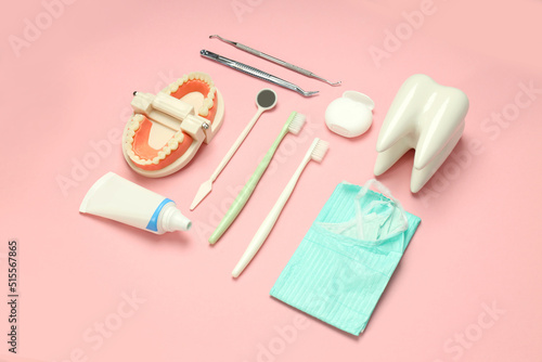 Concept of dental care or tooth care on pink background
