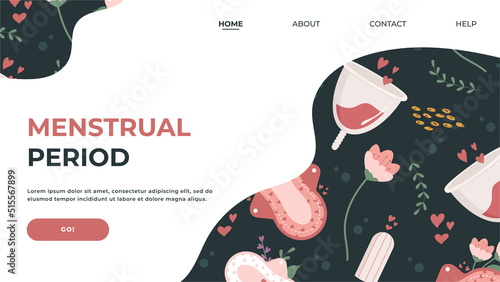 Website landing page on the topic of female reproductive health, hygiene, menstruation with images of pads, tampons. Flat vector illustration. Health concept for banner, website design or landing page