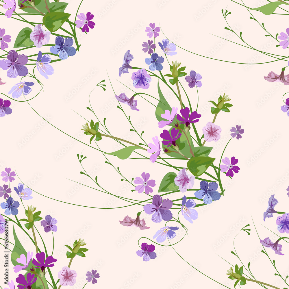 Seamless vector floral pattern, a bouquet of small different wildflowers with leaves and blades of grass on a light background for fabric design, wallpaper, wrapping paper Seamless vector floral pattern, a bouquet of small different wildflowers with leaves and blades of grass on a light background for fabric design, wallpaper, wrapping paper