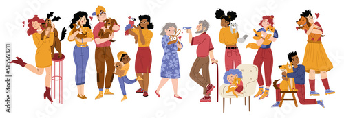 People pet owners hold cats, dogs, parrot, rabbit and lizard.Vector flat illustration of happy women, men and kids characters hug with love their pets companions