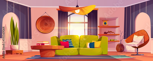 Living room interior with sofa, armchair, bookshelves and potted plant. Vector cartoon illustration of lounge with coffee table, carpet, ceiling lamp and striped wallpaper. Big window with sunlight