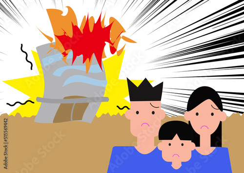 地震による火災を恐れる家族(集中線あり)