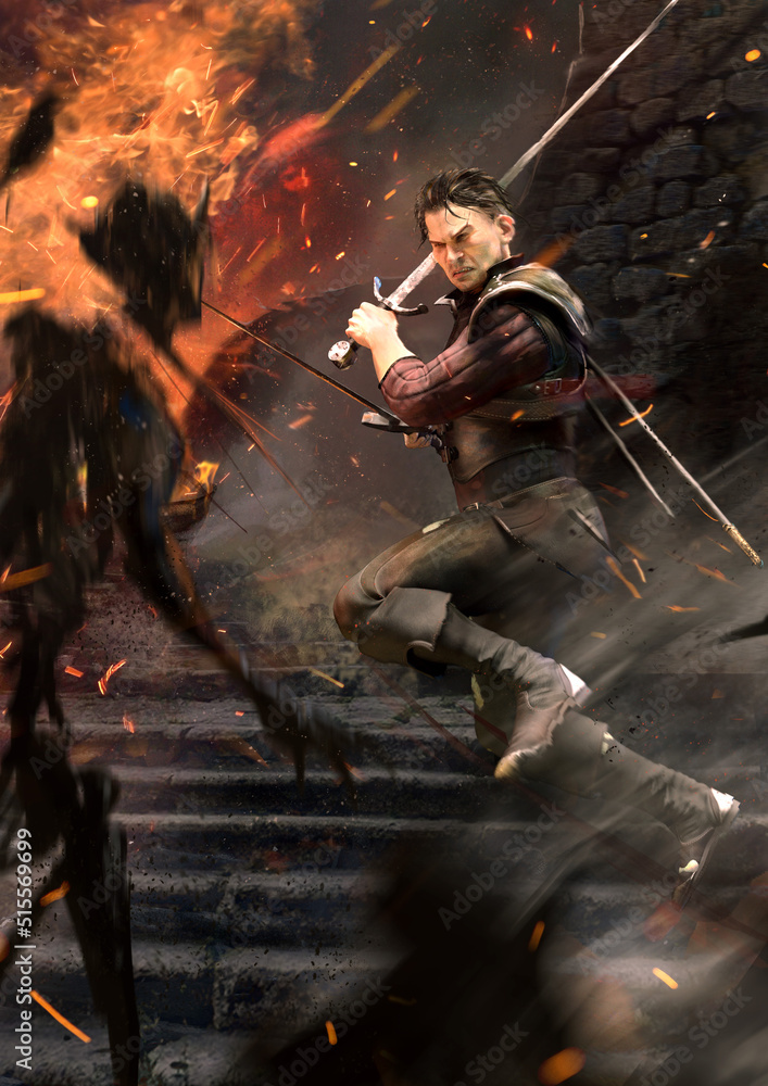a warrior with long swords in his hands fights monsters in a ruined castle. he is a witcher dressed in hunter's armor, sparks and smoke are flying in the air. an epic battle of good and evil. 2d art a warrior with long swords in his hands fights monsters in a ruined castle. he is a witcher dressed in hunter's armor, sparks and smoke are flying in the air. an epic battle of good and evil. 2d art