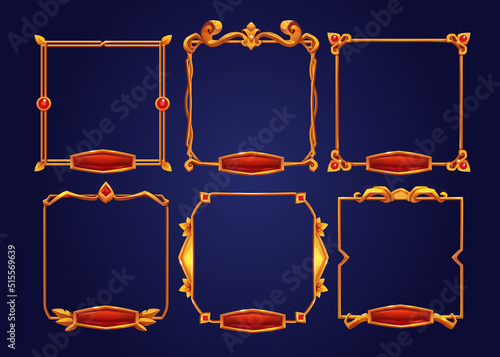 Golden vintage game frames, ui medieval square borders of gold metal with gems and red buttons. Cartoon empty metallic bordering with gemstone, isolated design gui elements, Vector illustration set