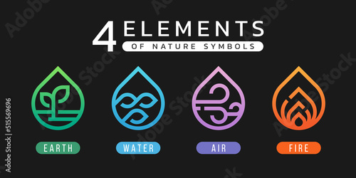 4 elements of nature symbols earth water air and fire with linedrop shape icon sign modern style vector design