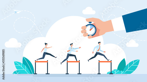 Businessman and businesswoman jumping over hurdles. Check the time on the stopwatch. Manager jumping over ascending obstacles like a hurdle race. Overcoming difficulties. Business vector illustration.