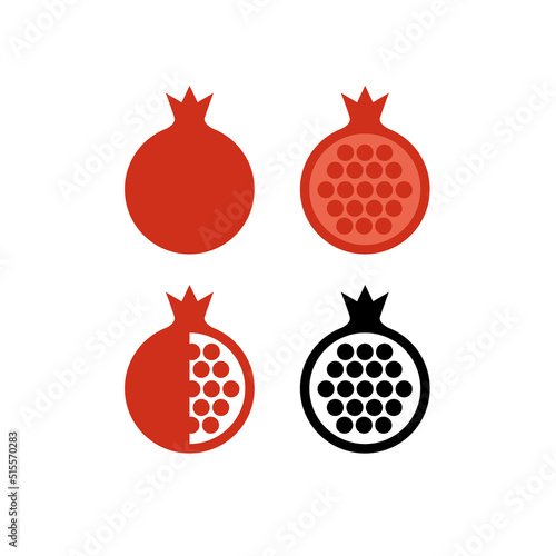 Pomegranate icons set. Whole fruit, half and without slice. Vector pictograms isolated on white background.