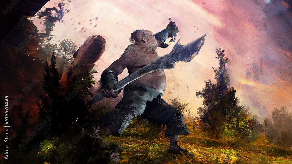 Obraz premium A giant troll with a huge spear in his hand is fighting with people in a forest clearing against the background of dawn. his body is covered with tattoos and scars. epic fantasy battle. 2d art