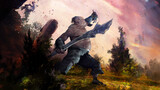 A giant troll with a huge spear in his hand is fighting with people in a forest clearing against the background of dawn. his body is covered with tattoos and scars. epic fantasy battle. 2d art