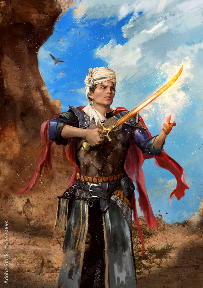 A fabulous Arab prince stands in the desert against a blue sky. in his hands he holds a magic saber, and on his head he has a turban decorated with gold, a red cloak fluttering in the wind. 2d art A fabulous Arab prince stands in the desert against a blue sky. in his hands he holds a magic saber, and on his head he has a turban decorated with gold, a red cloak fluttering in the wind. 2d art