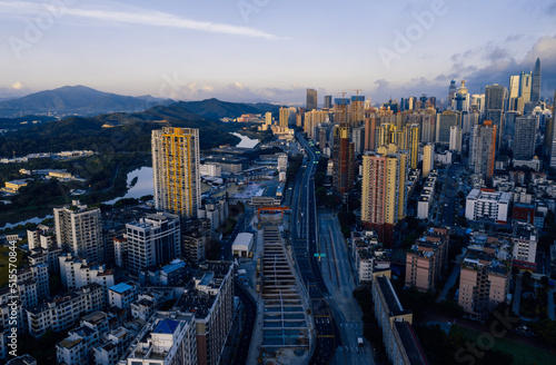 Aerial footage of landscape in downtown of shenzhen city, China