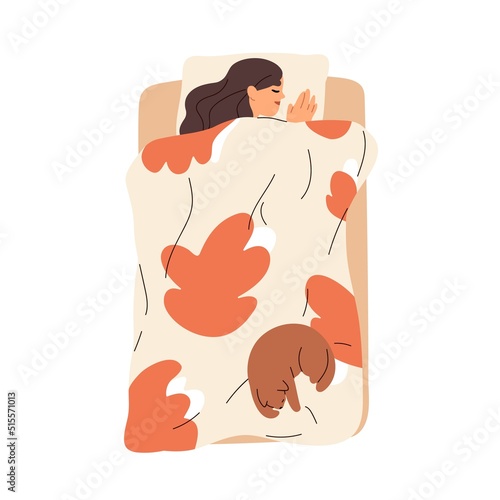 Woman sleeping in bed with cat on corner. Happy girl lying asleep alone, dreaming, relaxing under cozy blanket. Sleepy person, pet owner. Flat graphic vector illustration isolated on white background