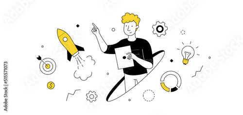 Business startup, project launch, successful idea presentation doodle concept with businessman and flying rocket with infographic icons around. Goal achievement, boost Linear vector illustration
