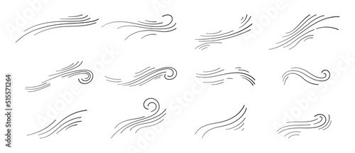 Doodle blowing wind. Hand drawn air wave icon. Outline wind movement symbol isolated on white background. Climate sketch element. Vector decorative dash lines in the shape of a curve.