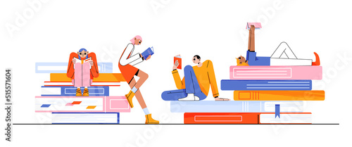 Book club concept with people read in different poses. Vector banner with group meeting for reading and talk about literature with flat illustration of characters sitting and lying on books stacks