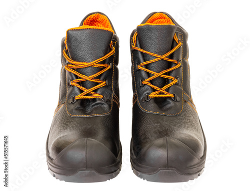 Black leather boots. Work boots isolated on white background.