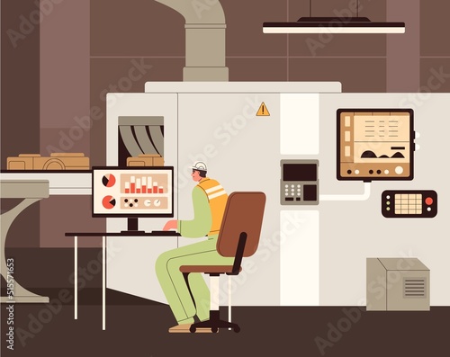 Smart industry worker scanning products on conveyor belt, line with X-ray machine, scanner. Supervisor monitoring data at computer. Quality control at factory concept. Flat vector illustration