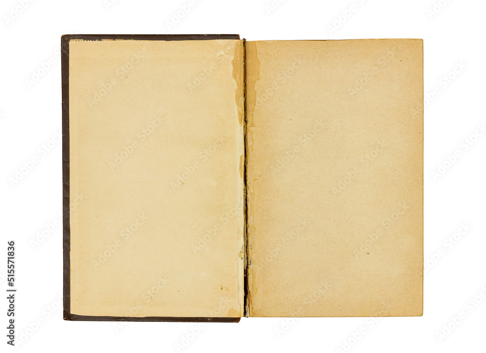 Open book isolated on white background. Yellowed blank pages.