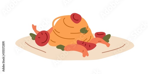 Italian pasta with shrimps and tomatoes. Spaghetti meal served on plate with greens, vegetables. Restaurant dish for dinner with prawns, veggies. Flat vector illustration isolated on white background