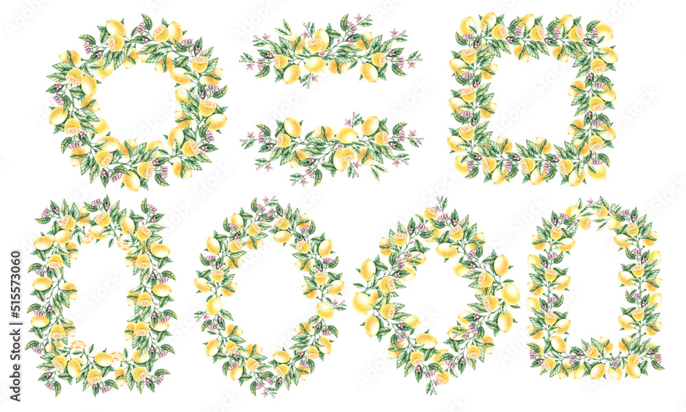 Watercolor set of lemon frames on a white background Watercolor set of lemon frames on a white background