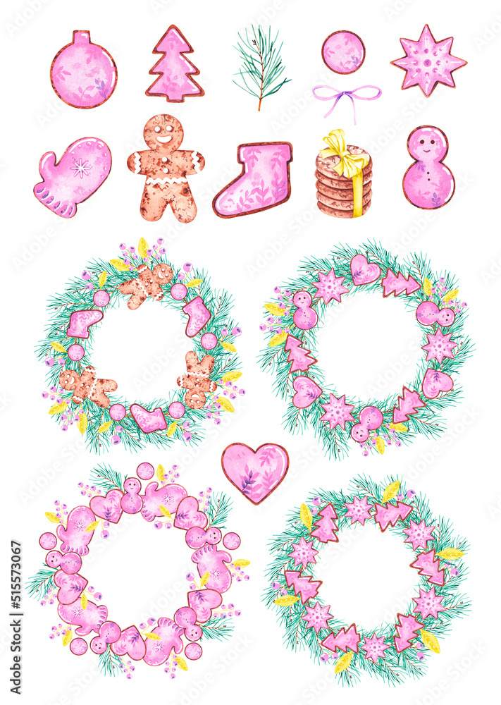 Watercolor set with Christmas gingerbread and wreaths Watercolor set with Christmas gingerbread and wreaths