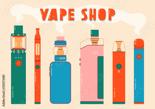 Vape shop colorful set. Electronic cigarettes and vape set. Modern vector illustration. Variety of designs vape pens and pod mods. Flat vector design for web.